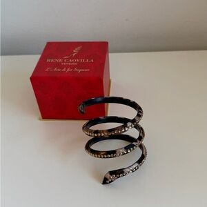 Rene Caovilla Black Spiral Snake Cuff with gold crystal leopars